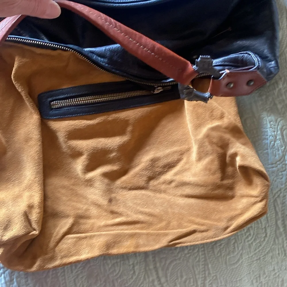 Black Leather Hobo Bag with Tan Shoulder Strap